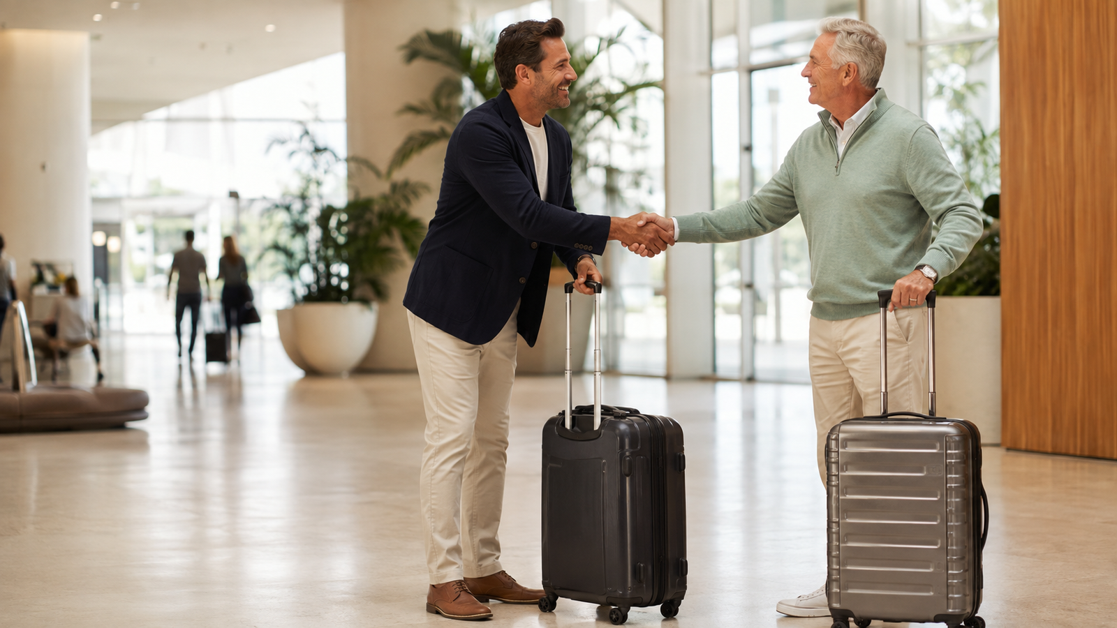 KinetixWise concierge welcoming an older client arriving in Palm Springs with luggage